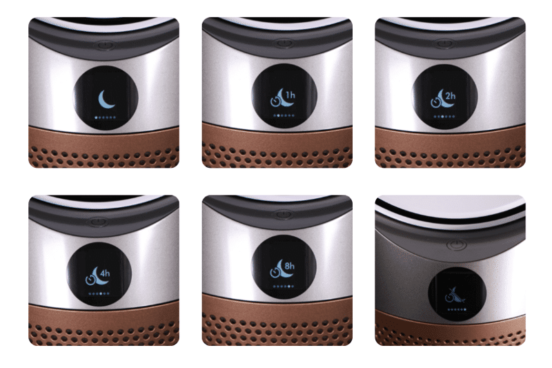 Auf dem LCD-Display vom Dyson Purifier Cool Luftreiniger und Ventilator wird die Sleep-Timer Zeit in Stunden angezeigt und das Display im Nachtmodus